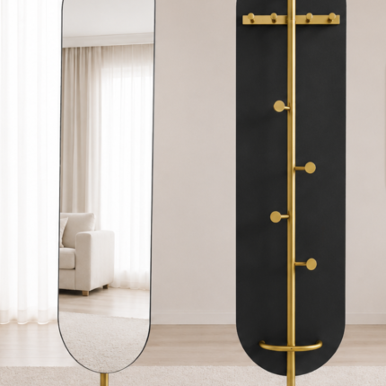 Gold Frame Oval Mirror with Marble Base and Rear Coat Hangers